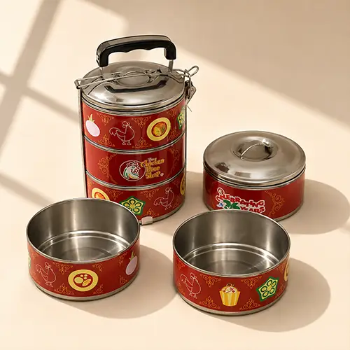 Custom stainless steel tiffin lunch box with logo printing for employee gifts, food delivery and promotional giveaways.