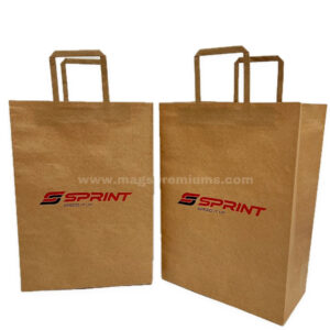 Brown kraft paper bags with red printed logo and paper handles