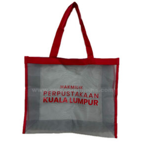 Mesh tote bag with red handles and custom printing