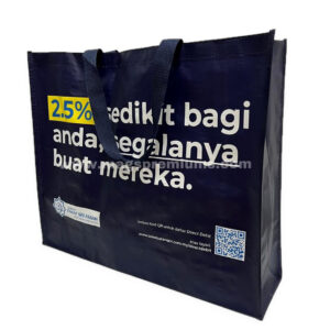 Black PP woven shopping bag with white promotional message