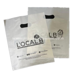White printed plastic carrier bags with black die-cut handles