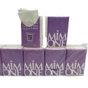 Purple printed pocket tissue packs with tissue pulled from the top