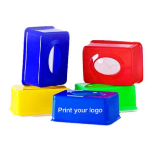 Colourful plastic pop-up tissue dispensers for custom printing