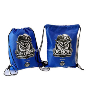Blue drawstring bags with white Johor event printing