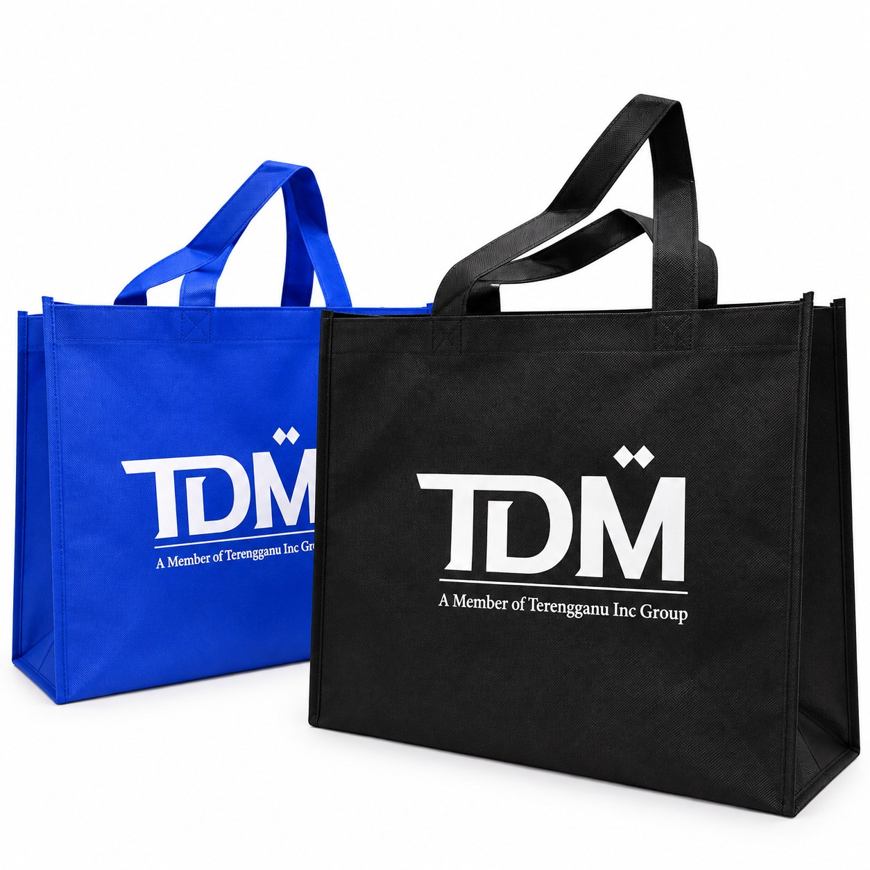 A3 non woven bags in royal blue and black with custom white logo printing