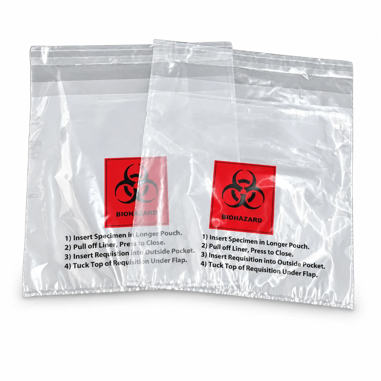 Clear LDPE biohazard specimen bags with red biohazard label, printed handling instructions, self-adhesive seal and outer document pocket
