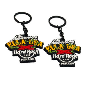 Custom black ring keychains with colourful Hard Rock print