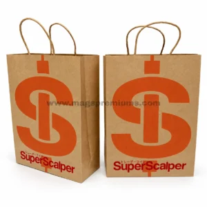 Brown kraft paper bags with twisted paper handles and printed SuperScalper logo