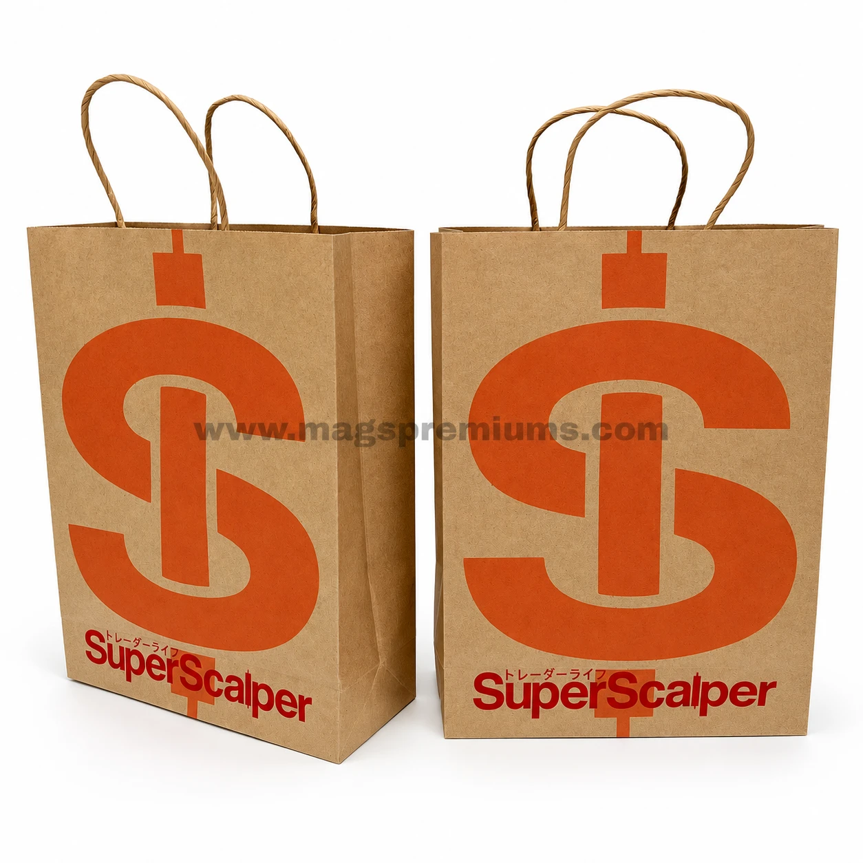 Brown kraft paper bags with twisted paper handles and printed SuperScalper logo