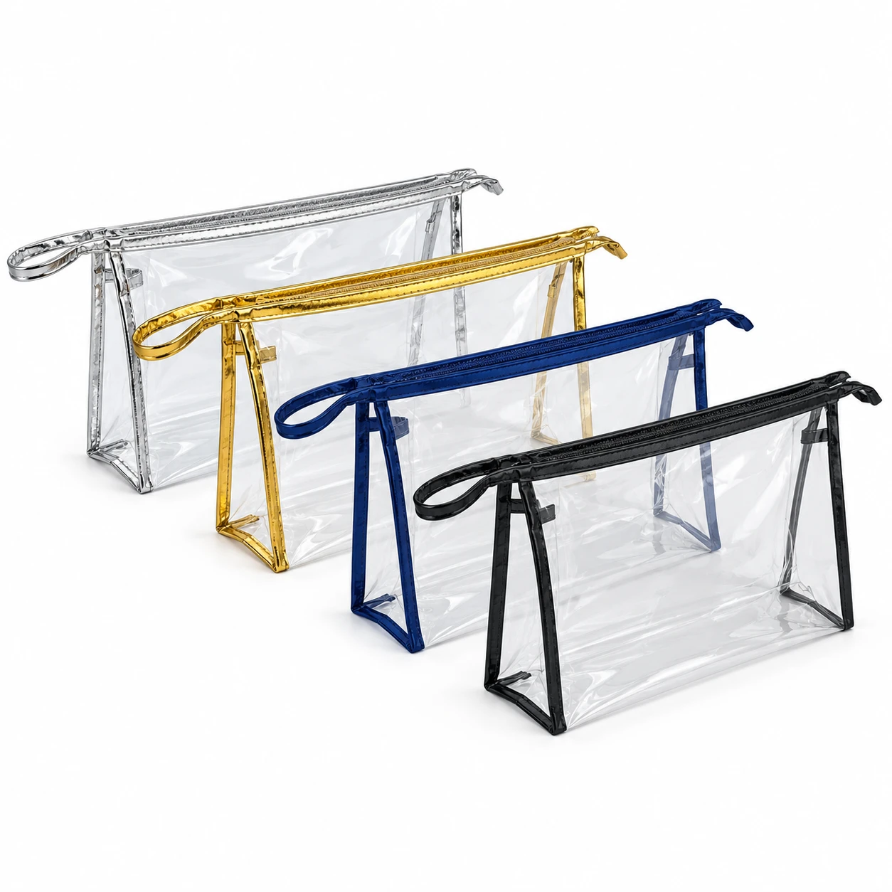 Clear PVC makeup bags with zip top and wrist loop in silver, gold, navy and black trim
