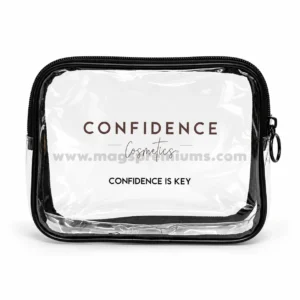 Clear PVC makeup pouch with black zip and binding, printed with a cosmetics brand logo