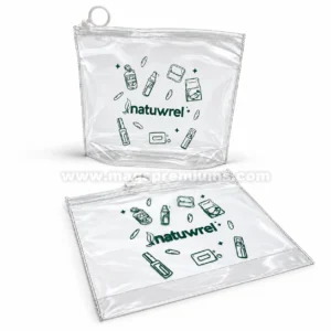 Clear PVC pouch with zip slider, printed with a one-colour brand logo and skincare icons