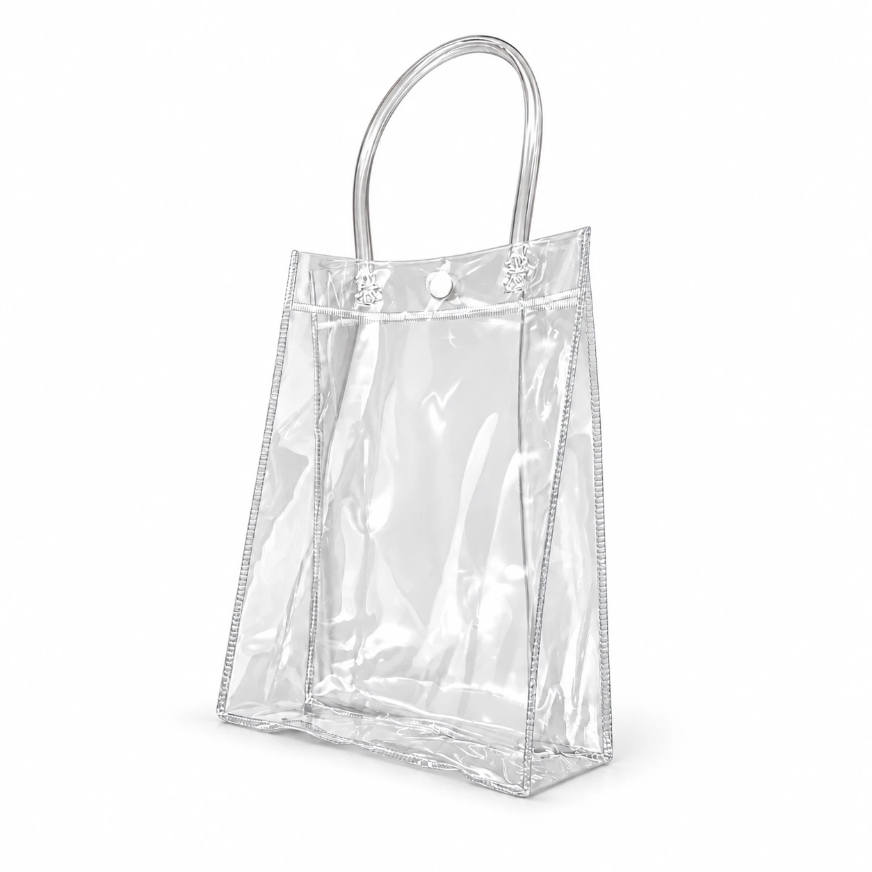 Ready stock clear PVC transparent tote bag with tube handles, snap button closure and square bottom
