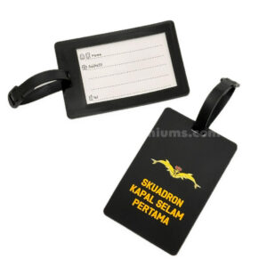 Black custom luggage tags with yellow printed details