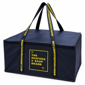 Custom navy lunch cooler bag with yellow printed logo and website printed on the webbing handles