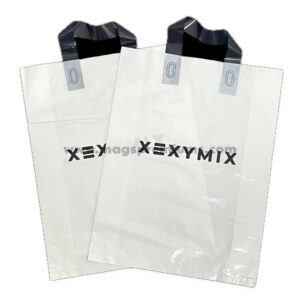 White custom plastic carrier bags with black handles