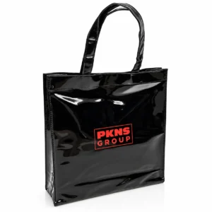 Custom glossy black PVC tote bag with printed red PKNS Group logo