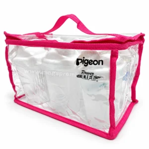 Custom made transparent PVC bag with pink webbing handle and binding, zip top, printed with a brand logo, holding a baby bottle set
