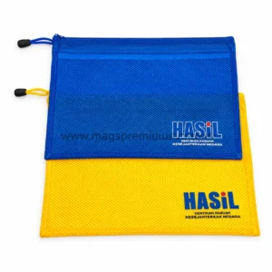 Custom printed zipper mesh document pouches in blue and yellow with HASIL logo