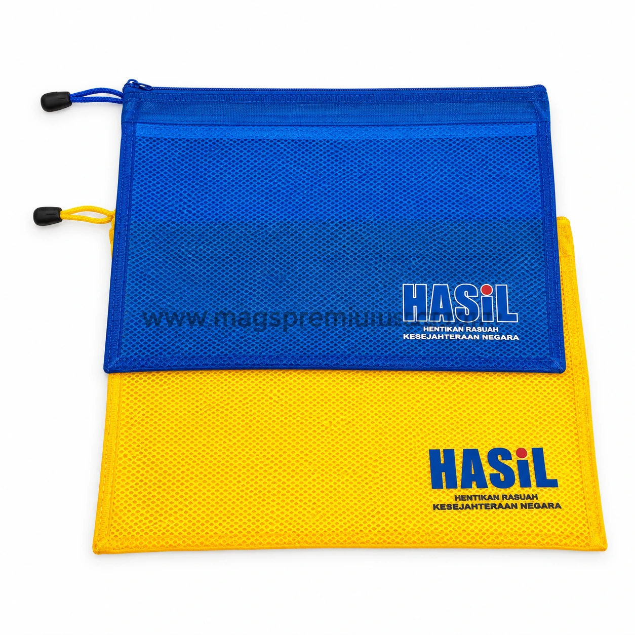 Custom printed zipper mesh document pouches in blue and yellow with HASIL logo