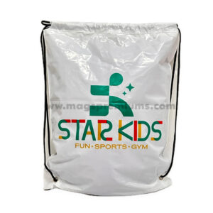 Blue drawstring bags with white custom event printing
