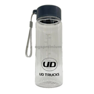 Clear drinking bottle with black lid and printed UD Trucks logo
