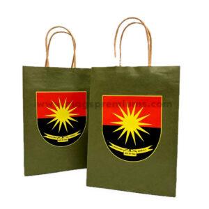 Green kraft paper bags with printed crest and twisted handles