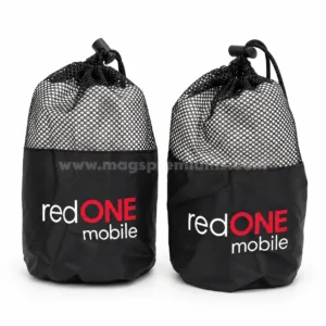Black mesh drawstring pouches with cord lock and custom printed redONE mobile logo