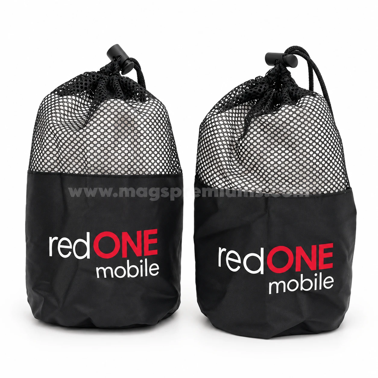 Black mesh drawstring pouches with cord lock and custom printed redONE mobile logo
