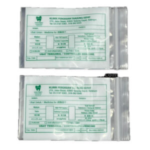 Clear mini ziplock pouches with green printed labels