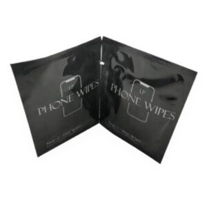 Black printed mobile phone cleaning wipe sachets