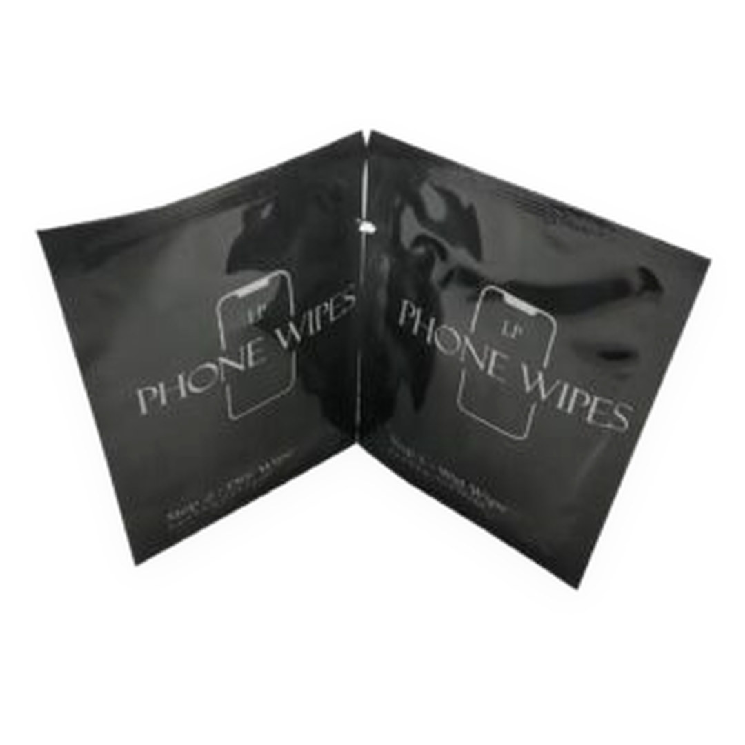 Black printed mobile phone cleaning wipe sachets