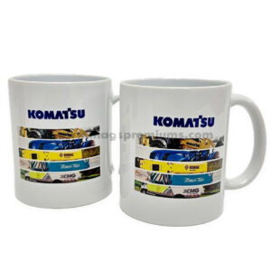 White ceramic mugs with multicolour Komatsu printing