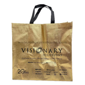 Gold metallic non-woven tote bag with black handles and custom print