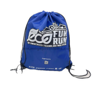 Blue printed nylon drawstring bag with black cords