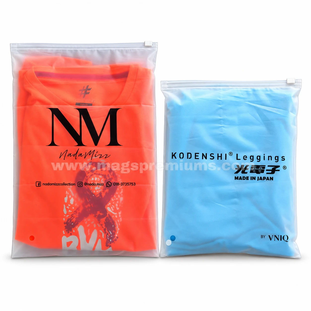 Frosted PE zipper lock bags printed with brand logos, packing a T-shirt and leggings