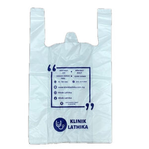 Light blue printed plastic carrier bag with die-cut handles