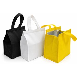 Portable insulated lunch bags in black, white and yellow with foil lining and carry handles