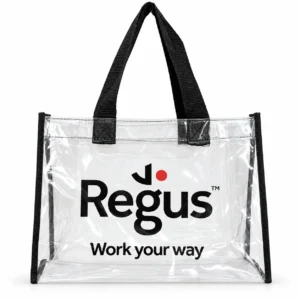 PVC Transparent Bag 01 with black webbing handles and trim, printed with a company logo