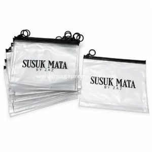 Custom printed PVC ziplock pouch with black zipper and ring pull, Susuk Mata by Zaz logo