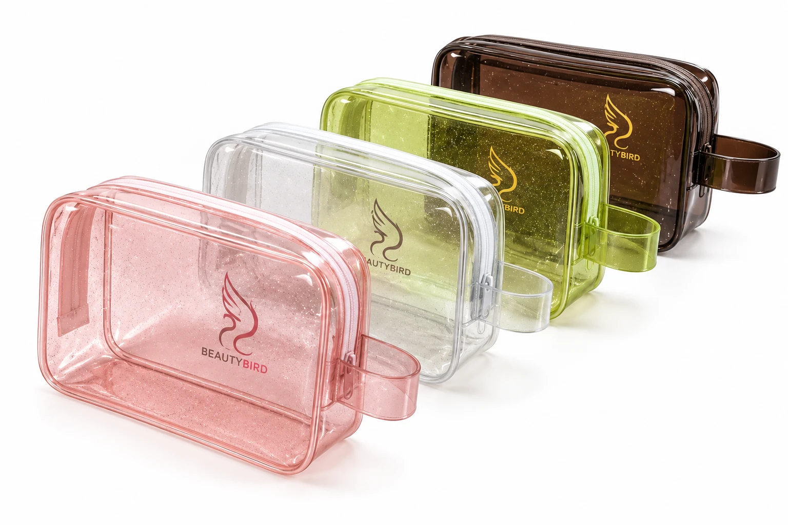 Custom transparent PVC zipper pouches with glitter in pink, clear, green and brown with printed BEAUTYBIRD logo