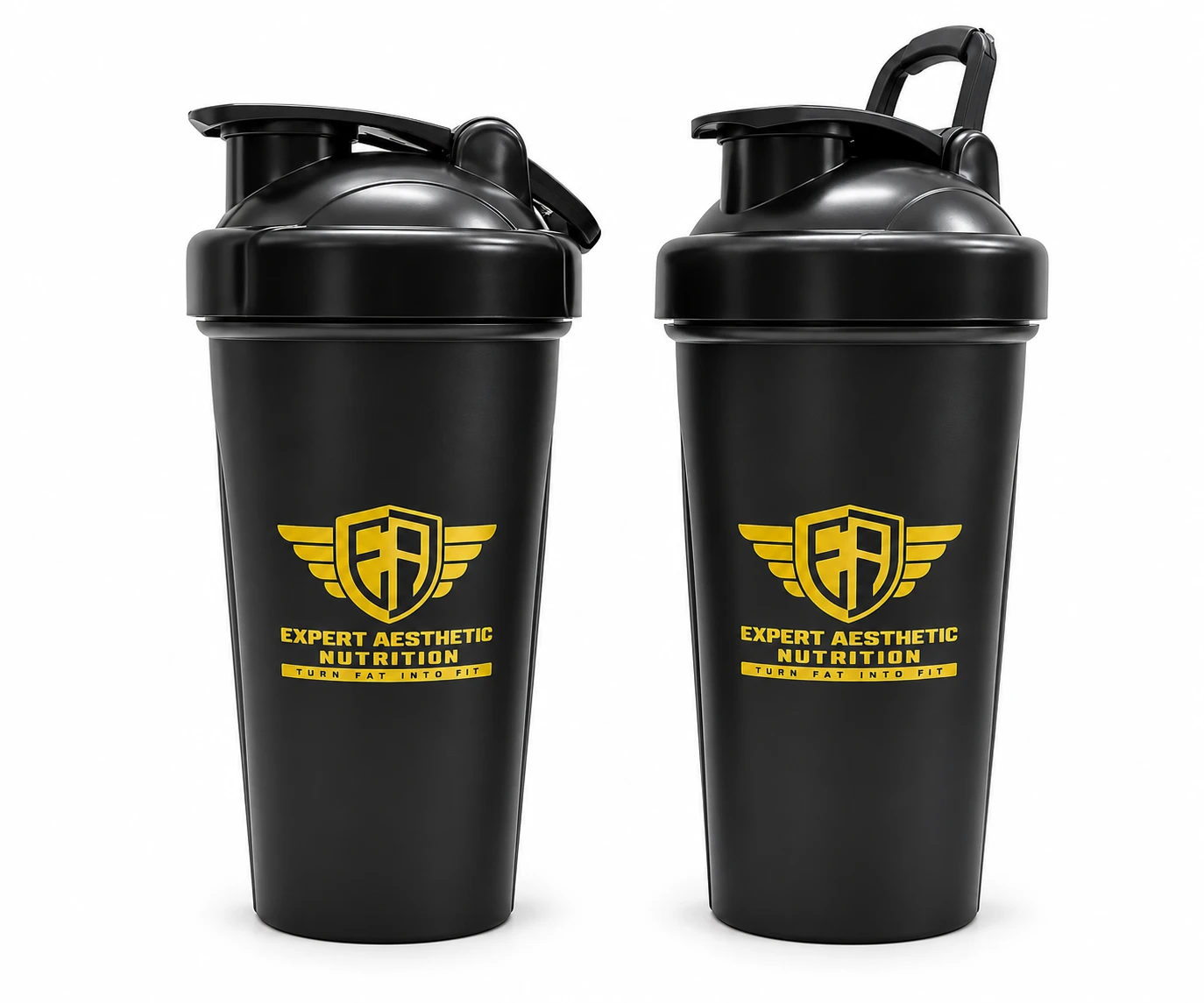 Custom black 600ml protein shaker bottles with gold printed Expert Aesthetic Nutrition logo