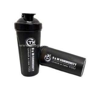 Black printed shaker bottles with flip-top lids