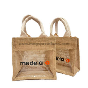 Small natural jute bags with printed branding and rope handles
