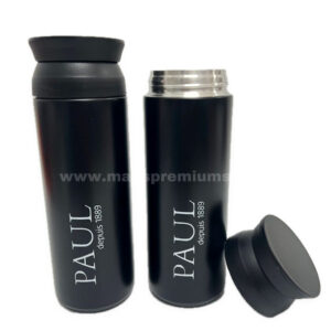 Black insulated thermos flasks with white printed branding