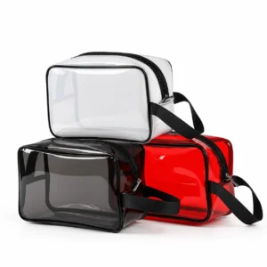 Transparent PVC makeup bags with zipper and carry strap in clear white, black and red