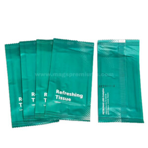 Green Refreshing Tissue wet wipe sachets with front and back views