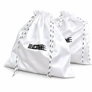 Two white satin dust bags with printed logo and branded ribbon drawstrings