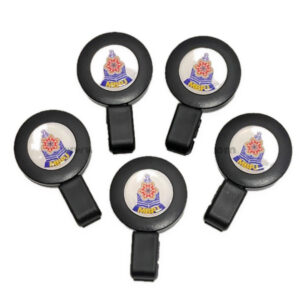 Black retractable badge reels with printed circular logos